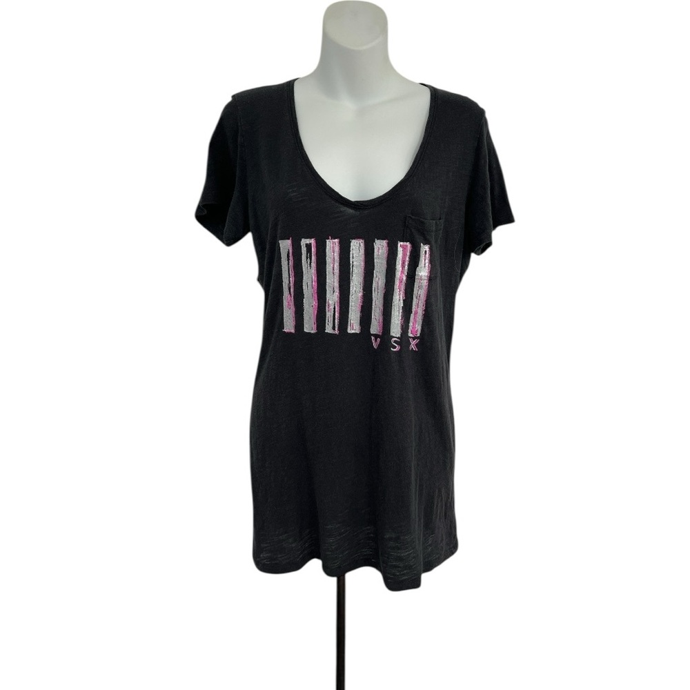 Victoria's Secret Black Tee with Pink and Silver Design in Size Large
